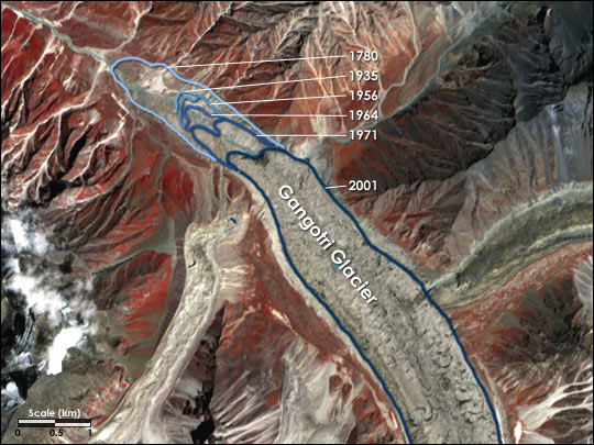 Gangotri glacier, the Himalayas, in recession