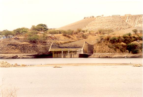 Close-up of ski-jump spillway at Poechos Dam, Rio Chira, Peru