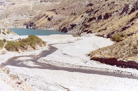 Sediment deposition at tail of Torata reservoir, Cuajone, Moquegua, Peru (2006)