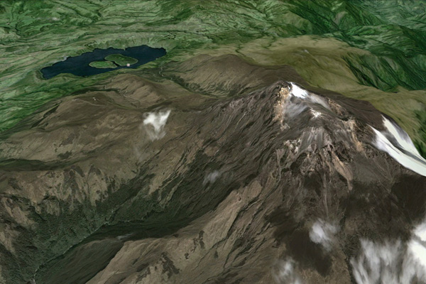 Cotacachi volcano, with Cuicocha Lagoon in the background, Imbabura, Ecuador (Google Earth)
