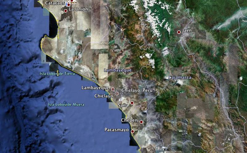 Satellite photo of coastal northern Peru, showing Lambayeque and Cajamarca