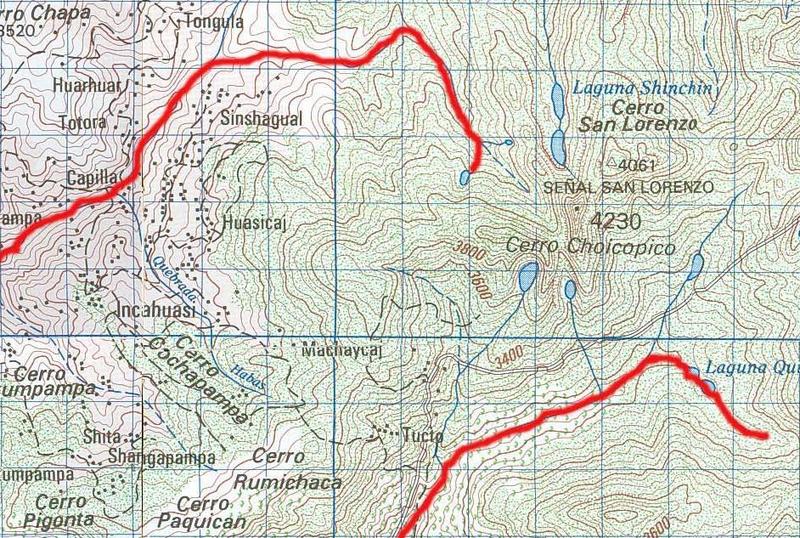  Map of Cerro Choicopico (center right) and the town of Incahuasi (center left), showing in red color the headwater reaches of the Moyn and Sangana rivers